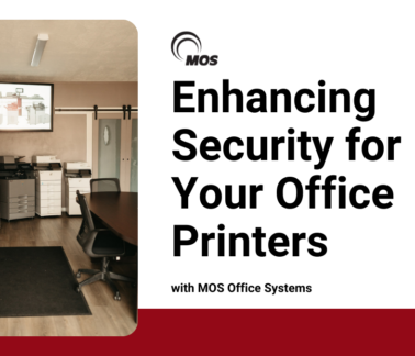 a room full of office equipment with the words "enhancing security for your office printers" in text